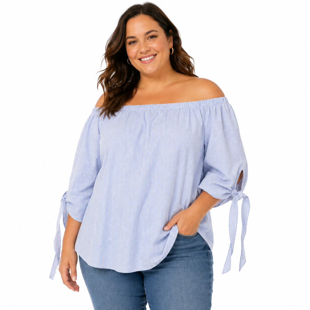 Jeans by Buffalo Blue White Striped Off The Shoulder Top Shirt 100% Cotton sz XL